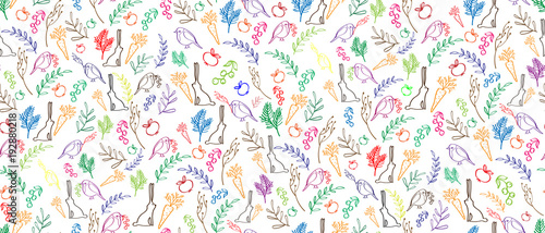 Seamless pattern with cartoon characters. Seamless pattern children's hand drawing Cute bunny rabbit and bird, floral elements on white background for kids fabric, textile, wrapping paper. Vector AI10