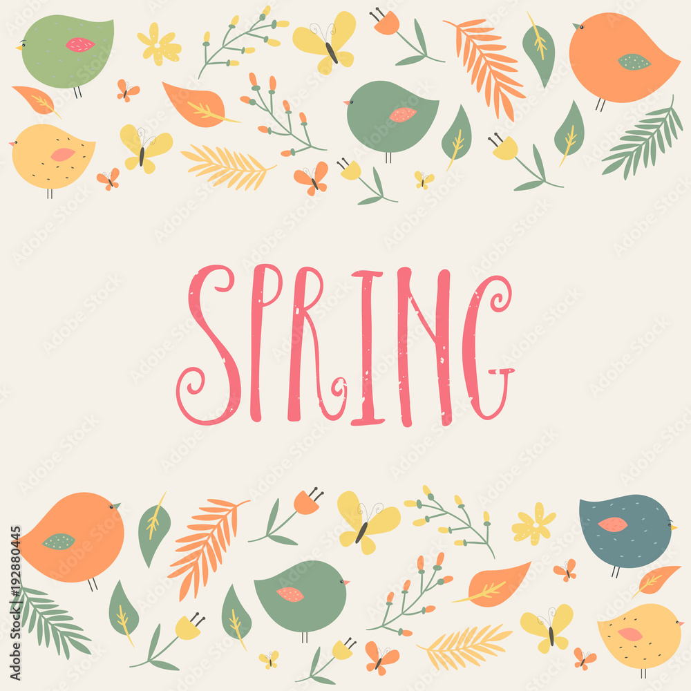 Obraz premium Vector illustration of spring word with colorful birds and branches pattern. 