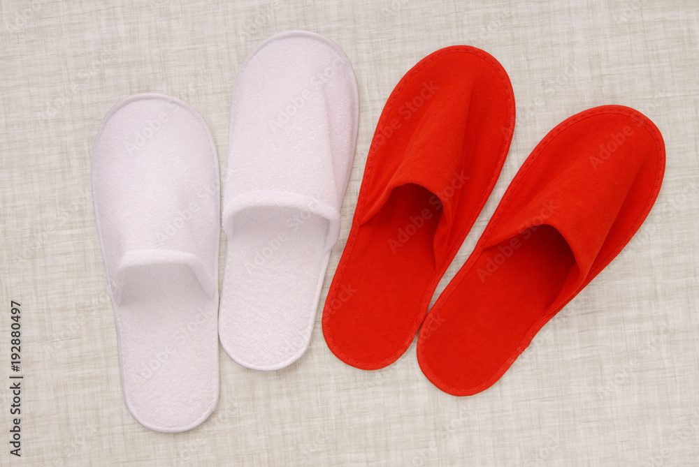 red and white slippers from hotel, red and white slippers from airplane are  on grey background, home slippers are on white background, home footwear  Stock Photo | Adobe Stock