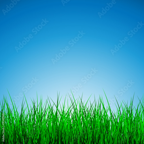 Hello Spring Poster With green grass and blue sky, Vector Illustration