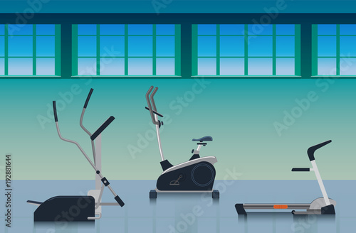 Sports hall with various training equipment to strengthen the ligaments and muscles: an exercise bike, treadmill, elliptical trainer. Flat. Healthy lifestyle. Vector