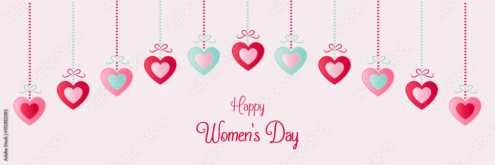 Cute banner with hanging hearts for Women's Day. Vector.
