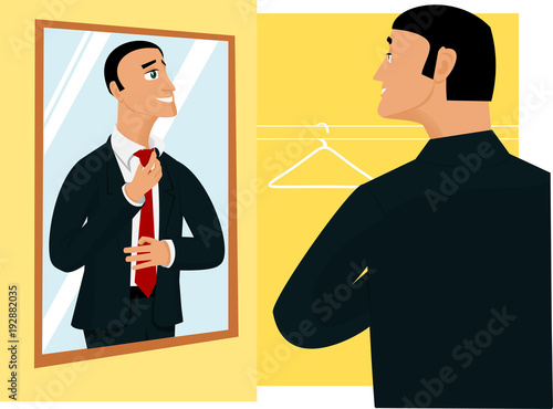 Smiling businessman prepearing for new working day in front of mirror
