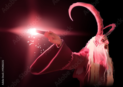 Red Satan Holding a Burning Torch in Darkness - Spooky Horror Illustration, Vector