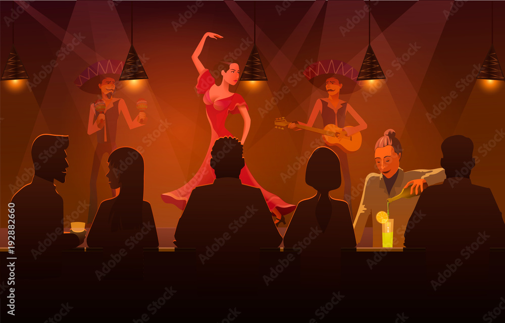 Woman dancing salsa in bar. Vector illustration of young woman dancing salsa on stage in the bar.