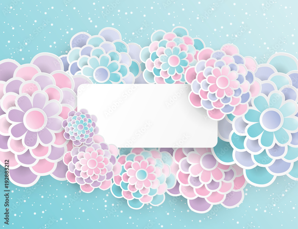 Elegant floral background with 3d paper flowers and place for text. Spring floral greeting card. Origami trendy design template. Paper cut spring flower holiday texture in pastel colors. Elegant floral background with 3d paper flowers and place for text. Spring floral greeting card. Origami trendy design template. Paper cut spring flower holiday texture in pastel colors.