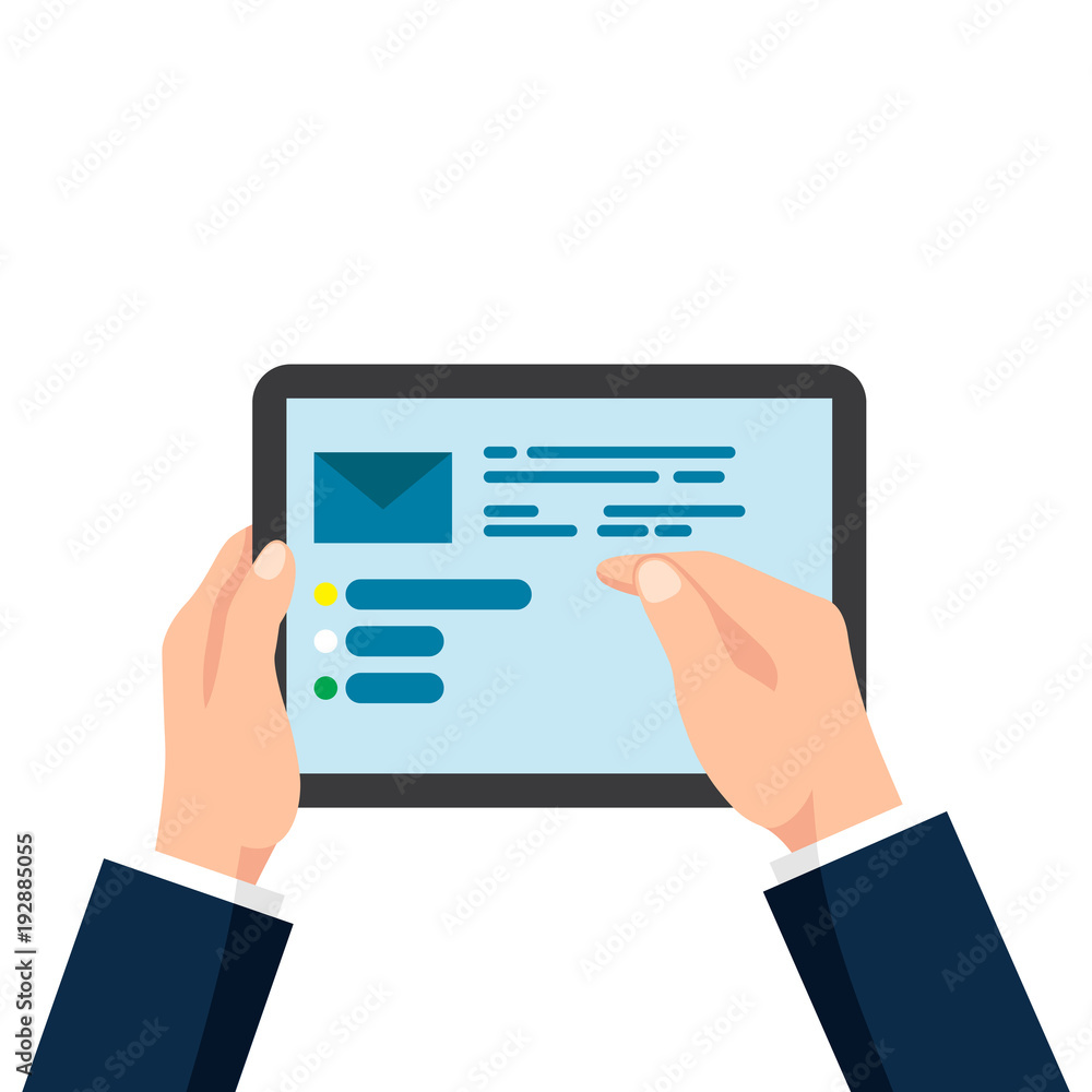 Tablet computer with social network chat page in businessman hands, conversation. vector illustration Tablet computer with social network chat page in businessman hands, conversation. vector illustration