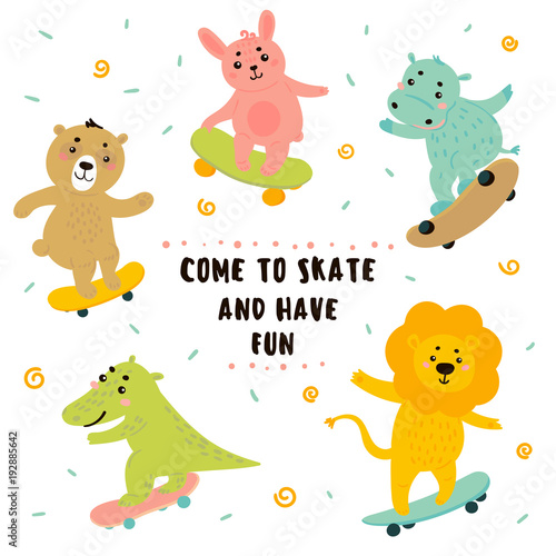 Animal teen skaters. Funny cartoon baby lion, crocodile, bear, bunny, rabbit, hippo are skateboarding. Come to skate and have fun text. Sport activity with wooden board. Vector flat illustration