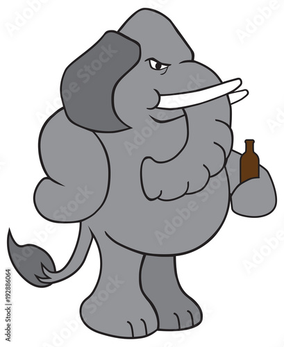 A cranky cartoon elephant is relaxing with a bottle of beer