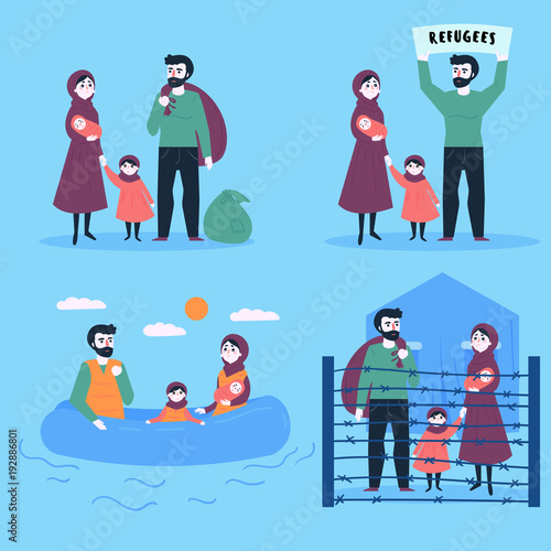 The Refugee Family. Sailing with buggage to europe on the rubber boat. Land Transition and life in the refugee camp. European migrant crisis concept. Flat vector Illustration
