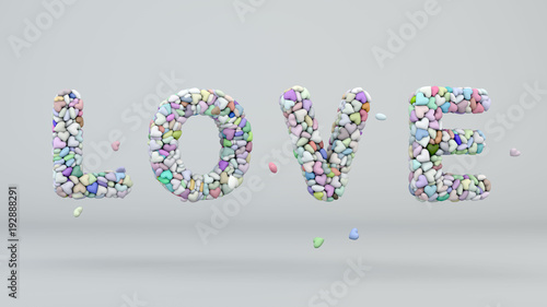Love is a word consisting of small colored hearts, 3d render.