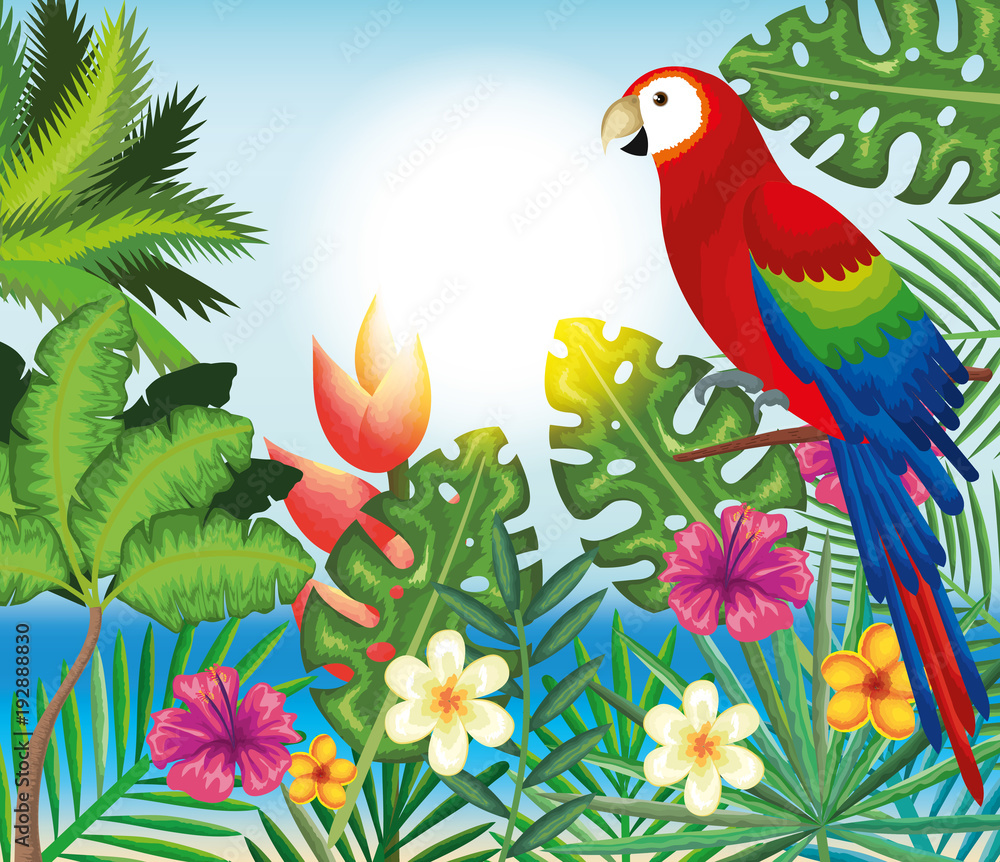 tropical and exotic garden with parrot vector illustration design