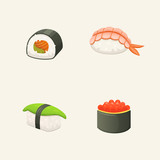 Traditional japanese sushi and rolls. Asian seafood, restaurant delicious vector illustration.