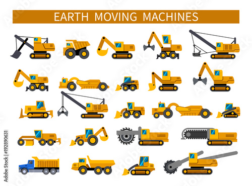 Earthmoving machines. Construction machinery icons set. Earth mover vehicles types. Vector silhouette icons on white background