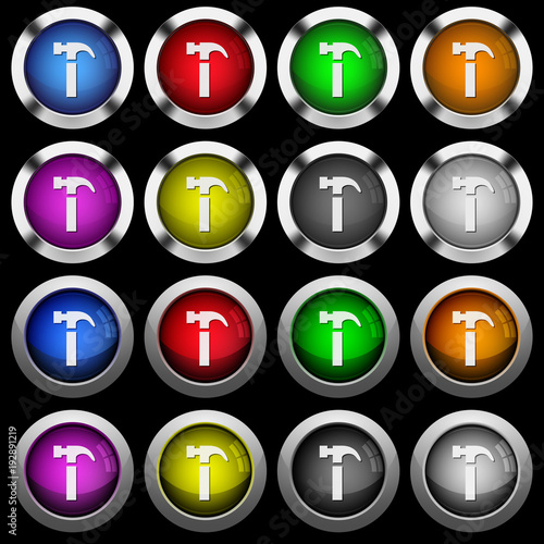 Single hammer white icons in round glossy buttons on black background