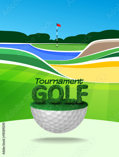 Golf tournament ticket or flyer brochure template. Golf course background mockup vector illustration
