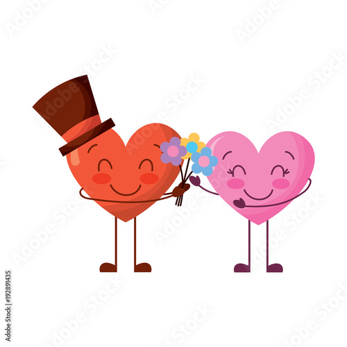 couple hearts love hoding bouquet flowers vector illustration