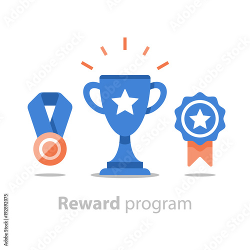 Win super prize, reward program, winner cup, first place bowl, achievement and accomplishment concept, flat icon