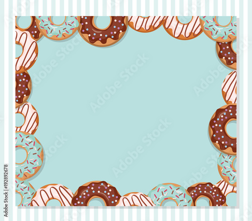Sweet bakery design template. Cartoon donut frame on pastel blue.