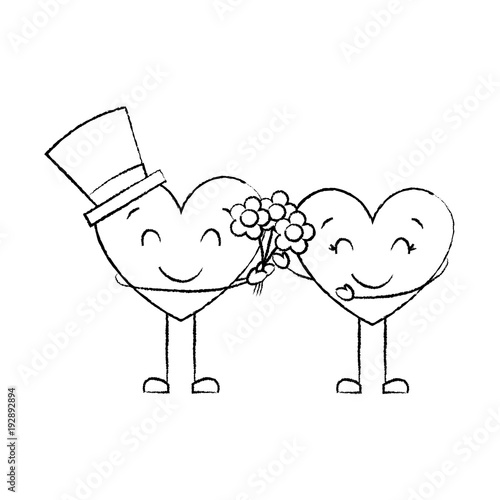 couple hearts love hoding bouquet flowers vector illustration sketch image