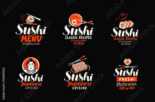 Sushi, sashimi, japanese cuisine logo or label. Set of elements for restaurant menu design. Vector illustration