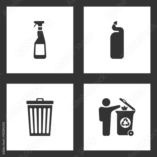 Vector Illustration Set Cleaning Icons. Elements of Cleaning spray bottle, Detergent bottle, trash bin and Man throwing garbage in bin icon