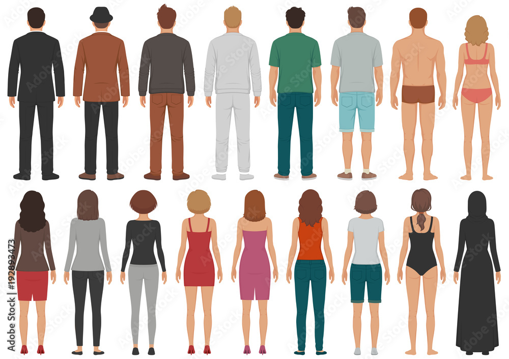 vector illustration of back view people group, man, woman standing characters, business  isolated person - obrazy, fototapety, plakaty 