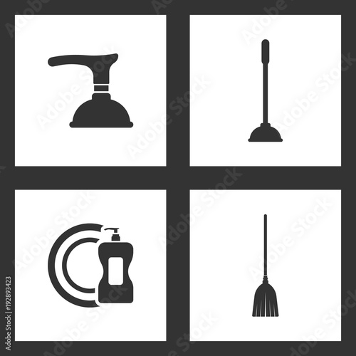 Vector Illustration Set Cleaning Icons. Elements of Toilet Plunger, detergent and dish and Sweeping broom icon