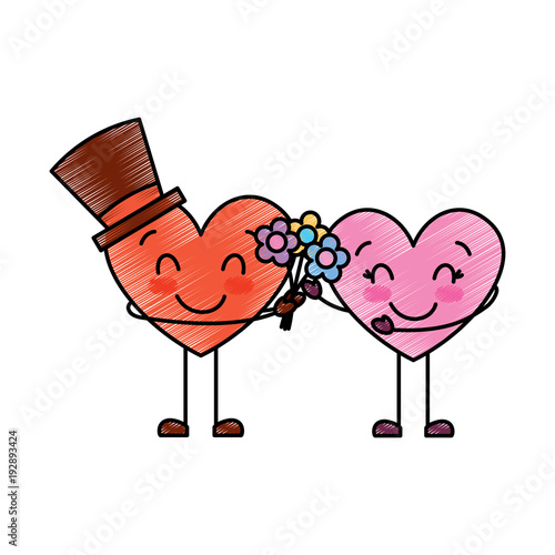 couple hearts love hoding bouquet flowers vector illustration drawing image