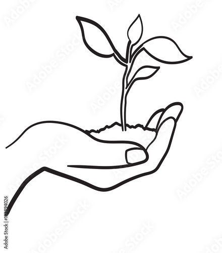 Human hand holding handful of soil with young sprout sketch icon for web, mobile and infographics. Hand drawn sprout vector icon isolated on white background.
