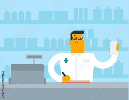 Caucasian white pharmacist holding a prescription and writing notes. Pharmacist in medical gown standing behind the counter and reading a prescription. Vector cartoon illustration. Square layout.