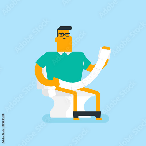 Caucasian white man sitting on the toilet bowl and suffering from constipation