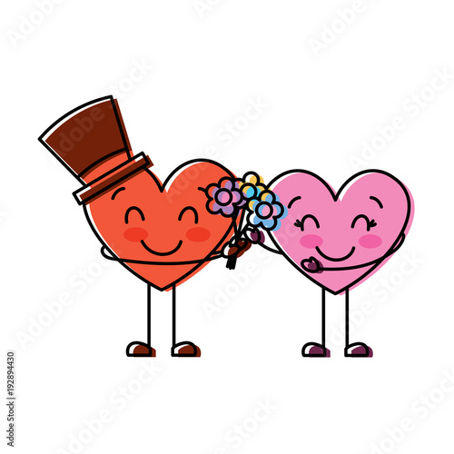 couple hearts love hoding bouquet flowers vector illustration