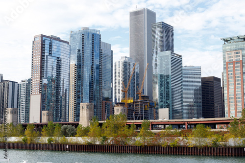 Chicago city skyline as seen from Lake Michigan  with construction site in foreground
