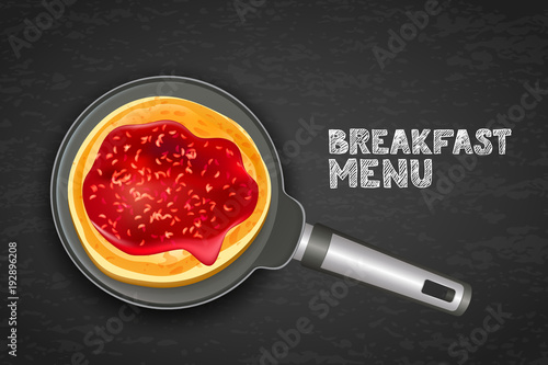 Tasty pancake with raspberry jam on pan, vector realistic illustration. Top view food background with copy space. Dark background design for breakfast dessert menu, cafe, restaurant.