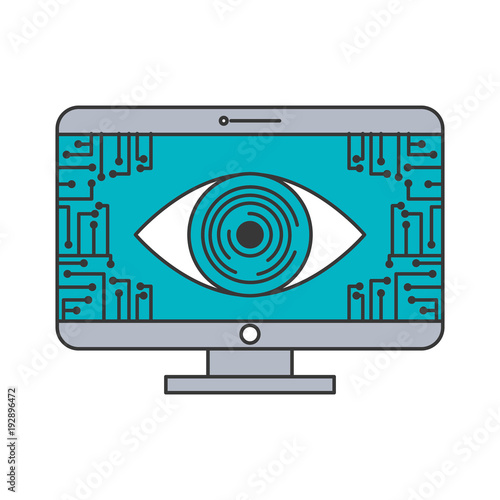 monitor computer eye security data circuit connection vector illustration blue and gray
