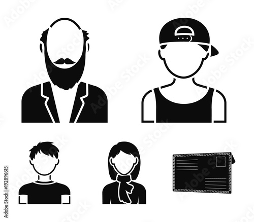 Boy in a cap, redheaded teenager, grandfather with a beard, a woman.Avatar set collection icons in black style vector symbol stock illustration web.