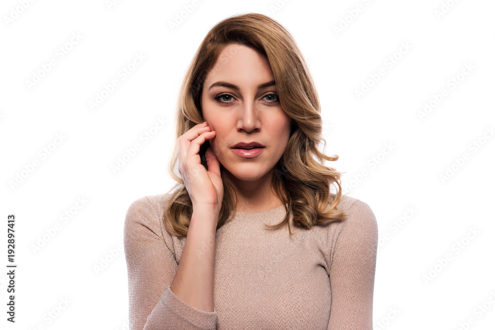 Attractive blond young woman. Portrait of a beautiful woman on a white background. Attractive blond young woman. Portrait of a beautiful woman on a white background.