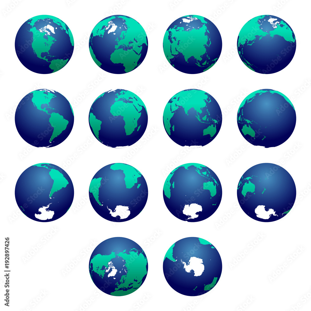 Planet Earth vector illustration. Detailed Earth's hemispheres maps. Globe. World map. North pole / South pole. Europe, Asia, Austratlia, America, Africa, Antarctica maps.