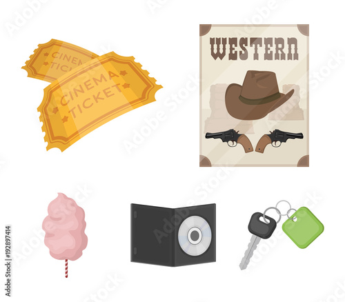 Western cinema, tickets, sweet cotton wool, film on DVD.Filmy and cinema set collection icons in cartoon style vector symbol stock illustration web.