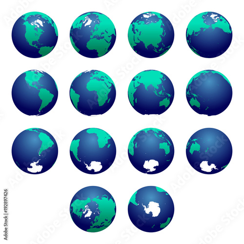 Planet Earth vector illustration. Detailed Earth s hemispheres maps. Globe. World map. North pole   South pole. Europe  Asia  Austratlia  America  Africa  Antarctica maps.