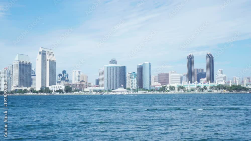 4K San Diego skyline camera slow pan from left to right. 4K San Diego skyline camera slow pan from left to right.