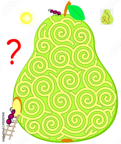 Logic puzzle game with labyrinth for children and adults. Help the ant find the way till his friend. Vector image.