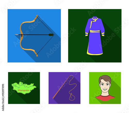 .mongol dressing gown, battle bow, theria on the map, Urga, Khlyst. Mongolia set collection icons in flat style vector symbol stock illustration web.