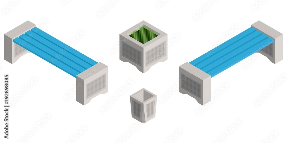 isometric benches in the park and a garbage bin isometric benches in the park and a garbage bin