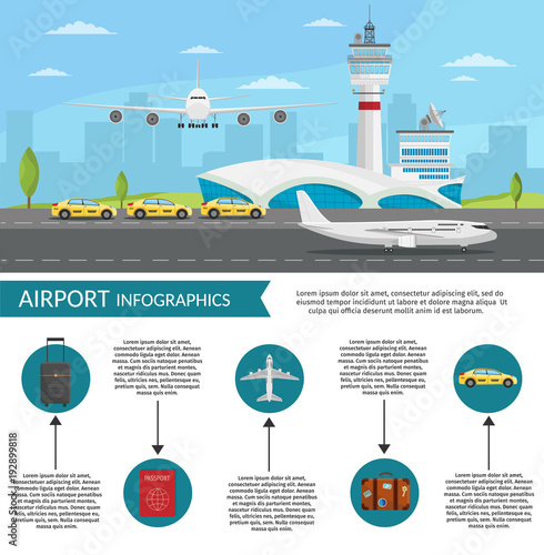 Airport passenger terminal and waiting room. International arrival departures background vector illustration airplane of infographic