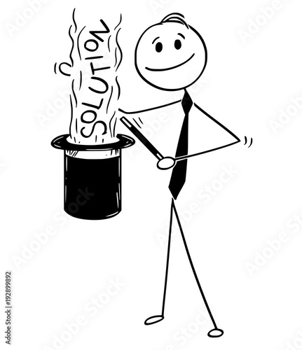 Cartoon stick man drawing conceptual illustration of businessman magician and magic problem solution from his cylinder top hat.