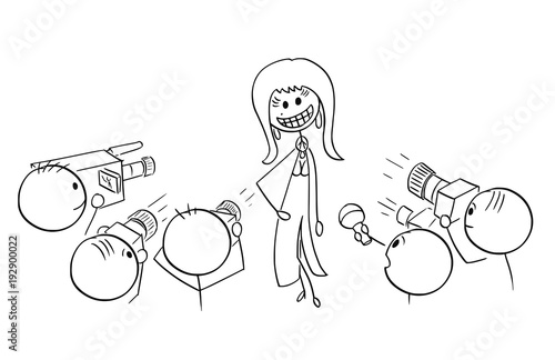 Cartoon stick man drawing illustration of sexy female star celebrity with large crazy artificial smile photographed on red carpet.