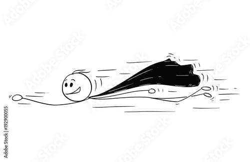 Cartoon stick man drawing illustration of flying superhero in costume with cape.
