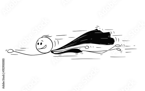 Cartoon stick man drawing conceptual illustration of flying superhero businessman in costume with cape. Business concept of confidence.